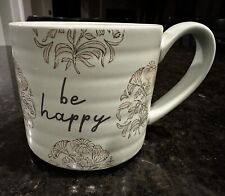 New THRESHOLD “Be Happy” Stoneware Coffee Tea Mug Cup Flowers Mint Green 15 oz picture