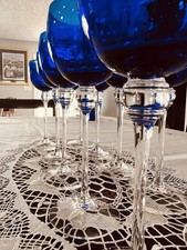 10, Vintage 1970 Saint-Louis Crystal Lieu Inspired Cobalt/Clear Wine Glasses. picture