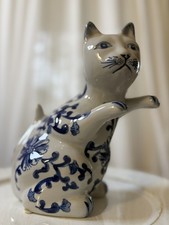 Vintage Blue White Porcelain Cat Figurine Floral Chinoiserie Reaching Pose 8” picture