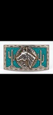 Vintage Mexico 925 Sterling Silver Turquoise Inlay Horse Cactus Belt Buckle 46g picture
