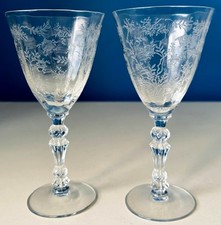 PAIR OF VTG FOSTERIA CHINTZ ETCHED PATTERN 338 CRYSTAL CLARET WINE GLASSES-MINT picture