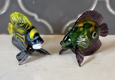 Set 2 Murano Style Glass Blown Fish Figurine Multi Color Blue Yellow Purple picture