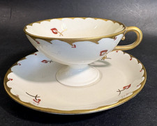 Rose Crown China Co. Footed Demitasse Cup & Saucer Red Sprig Gold Pasadena Calif picture