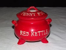 VINTAGE PENNY POT RED KETTLE CERAMIC COIN BANK picture