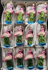 Vintage Set of 12 Old World Christmas OWC Flamingo Glass Ornaments Original Box picture