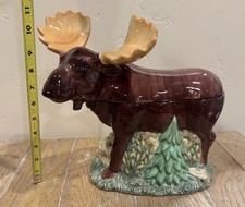 Large Ceramic Moose Cookie Jar Woodland Pine Tree Cabin Lodge Decor 11”H X 17”L picture