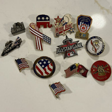 Lot of 12 VTG Patriotic USA Flag Red White Blue Lapel Pins, 9/11 & MLB All-Star picture