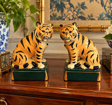 Vintage Takahashi Japan Staffordshire Style Tiger Pair Ceramic Figurines picture