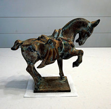 Vintage Tang Style Chinese Horse Sculpture Cast Metal Verdigris Patina 9” tall picture