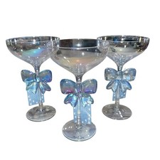 NEW Blue Bow Iridescent Cocktail Glass Set 3 Martini Margherita Petal & Pearl picture