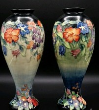 A Pair Vtg Old Tupton Art Nouveau Raised Flowers Majolica Pottery Vase Marked picture