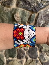 Shipibo Beaded Bracelet Blue Red Deer White Inspired Cuff  8 1/2