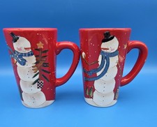 VTG Certified International Hilltop Snowman Mugs Set of 2 Snowman Snowwoman Red picture