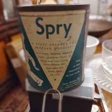 Vintage SPRY VEG. SHORTENING TIN CANISTER W/O LID 5”x5 3/4”  picture