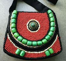 TIBETAN Beaded Coral & Turquoise & Shell Black Fabric Purse Handbag Handmade  picture