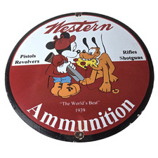 Vintage Western Ammo Firearms Sign - Mickey Gun Shop Porcelain Gas Pump Sign picture
