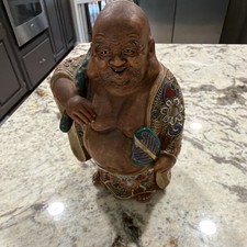 Vintage c1940s Asian Hotei Laughing Buddha 8.5” Moriage Figure Fan Sack picture