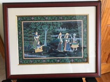 PERSIAN INDIAN VTG PAINTING Gouache Linen PROFESSIONAL MATTE FRAMED Lovely #2 picture