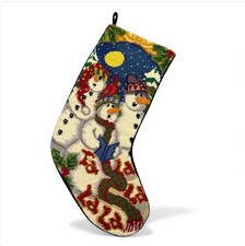 Vintage Snowman Needlepoint Christmas Stocking Caroling Fa La Navy Velvet Back picture