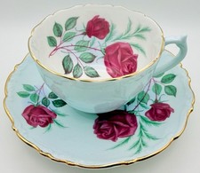 Vintage Heathcote England Soft Blue Red Rose Embossed Cup & Saucer; Teacup picture
