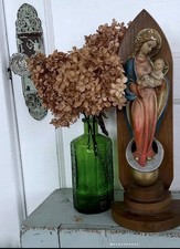 Vintage Madonna & Child Statue in Wood Niche | 16” Virgin Mary & Baby Jesus  picture