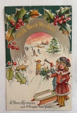 Antique Postcard Merry Christmas Happy New Year Posted 1909 Children Snow Scene picture