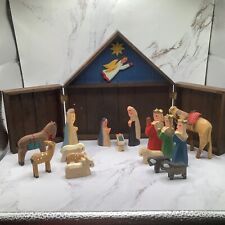 Vintage  Wooden Nativity Set By Lillian Vernon 17Pcs Stable 8” X 8” picture