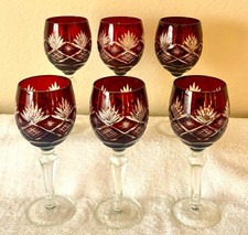 Vintage Lausitzer Kristall Ruby Cut to Clear 6 Wine Glasses, 7 1/2