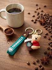 Starbucks Green/Beige/Brown/Red Coffee & Tea Keychain w/ Strap, Bear, Cup Charm picture