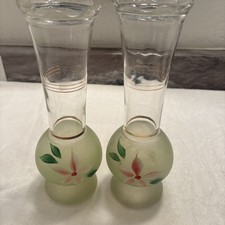ViTG Hand Painted Glass 2 Bud Vases Pair Flowers Gold Trim Frosted Clear 9in picture