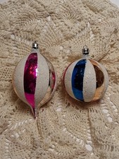2 Vtg Poland Mercury Glass Ornament Striped Teardrop & Ball Mica Snow Glitter  picture