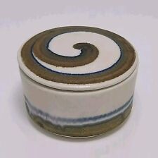 Vintage Small Round Trinket Box Jar Fred Evangel Pottery Blue Brown Swirl Lid  picture