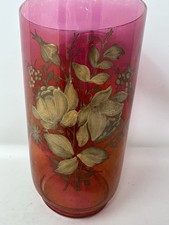 Vtg Pink Purple Magenta Ornate hand Painted Floral Motif Vase Cranberry Glass 8