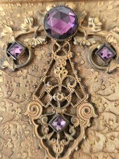 RARE ANTIQUE DECO E&JB EMPIRE ART GOLD  AMETHYST JEWELED PERFUME CADDY W/BOTTLE picture