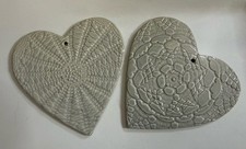 Set of 2 Portuguese Ceramic Heart Wall Hangings Raised Lace Design Portugal picture