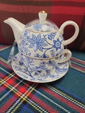 Grace Teaware Tea for 1 'BLUE VINE' Floral Stacking Teapot w/Cup & Saucer NEW picture