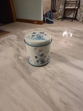Vintage Floral Metal Storage Tin Canister Blue and White picture