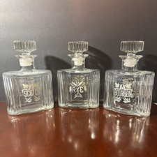 Vintage 1970s Set of 3 Clear Glass Square Floral Decanters w/ Stoppers picture