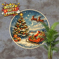 Holiday Santa Reindeer Sleigh Winter Scene Round Metal Tin Sign 8x8 Inch picture