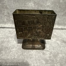 Vtg Antimony Japan Art Deco Cast Metal Cigarette Match Holder Teahouse Relief 3