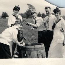 c1910s Water Pump Wooden Barrel Snapshot Photo Young Friends Playful Rural Vtg picture