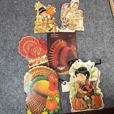 Lot Of 6 VTG Hallmark Thanksgiving Die Cut Cutouts, Gift Bags And Table Decor picture