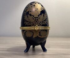 Vintage Decorative Footed 3 3/4 inch Egg Trinket Box, Gold and Blue  picture