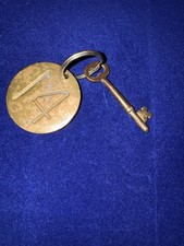 🌿 🗝️ Vintage Antique Hotel Motel Room Key BRASS Fob #14 w/ Brass Skeleton Key picture