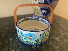 Handcrafted Ceramic Bowl with Wooden Handle NIB Blue, Yellow, Print picture