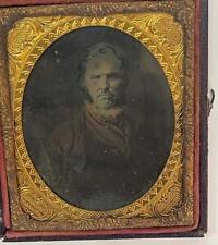ANTIQUE 6th PLATE AMBROTYPE HANDSOME BEARDED MAN SCARF LEATHER COAT picture