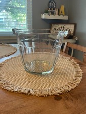vintage, heavy, clear, glass ice bucket vertical panels small tab handles picture