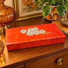 Vintage 1970s Orange Daisy Keepsake Vanity Box Retro Floral Gold Accent 11