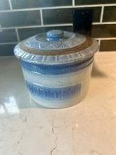 Butter Crock Blue & White Burley Winter Pottery Crooksville, OHIO 5 LB  5# lid picture