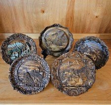 Vtg Alpine Carved Wood Plaques –Germany Switzerland Mtn Village Scenes -Set of 5 picture